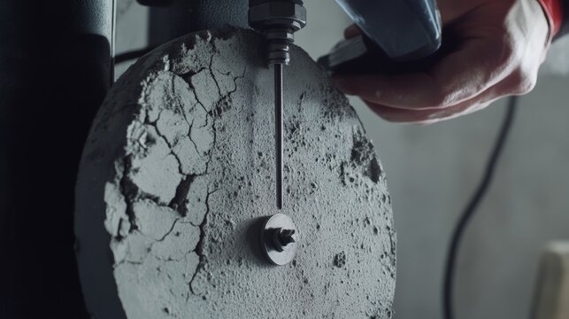 Structural engineer testing concrete strength using a hydraulic pressure machine. Featuring assessment and durability