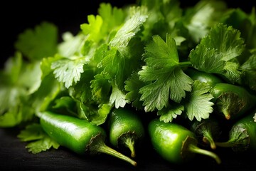 Fresh green cilantro and jalapenos arranged on a dark countertop for an ingredient display
