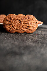 Chocolate cookie nuts sweet cereal dessert organic product fresh tasty gourmet food background on the table rustic food top view copy space