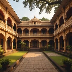Fototapeta premium A historic Bengali mansion with ornate architecture, including large courtyards, traditional wooden carvings, and lush gardens.