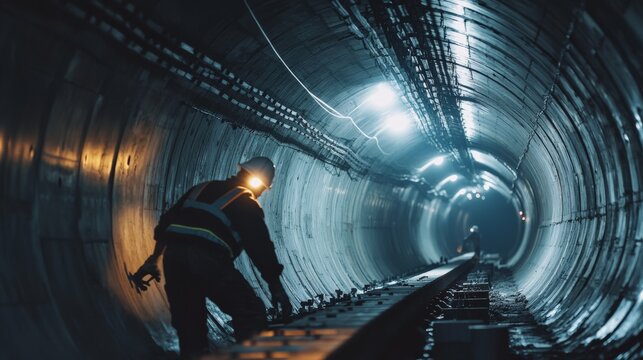 Fototapeta Subway tunnel worker installing reinforced concrete segments underground. Featuring precision and endurance
