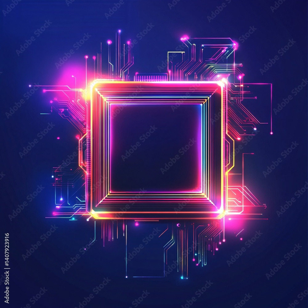 Poster Glowing cpu microchip with circuit board on blue background