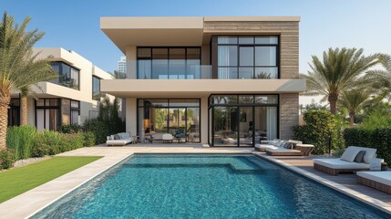 dubai villa,contemporary architecture featuring a private pool expansive garden,stunning views of the dubai skyline or the desert horizon,stock image