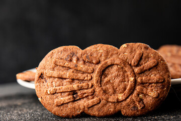 Chocolate cookie nuts sweet cereal dessert organic product fresh tasty gourmet food background on the table rustic food top view copy space