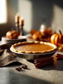 Hyper-realistic pumpkin pie with cinnamon sticks, warm golden lighting, shallow depth of field, Thanksgiving theme