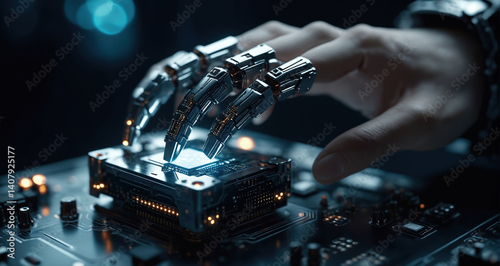 Poster Close-up of Hand on Technology Control Interface. Hand interacting with a high-tech control interface, emphasizing the intricate designs and modern technology involved in digital interaction.
