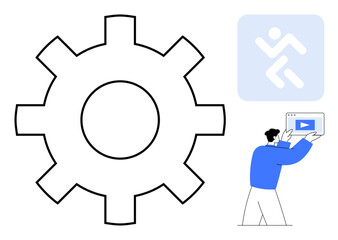 Large gear and running figure symbolizing efficiency, with a person holding a video interface. Ideal for productivity, innovation, technology, learning, marketing, teamwork, and a simple landing page