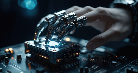 Close-up of Hand on Technology Control Interface. Hand interacting with a high-tech control interface, emphasizing the intricate designs and modern technology involved in digital interaction.