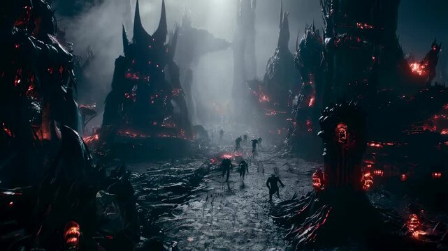 Mysterious journey through an alien landscape illuminated by glowing lava and atmospheric shadows