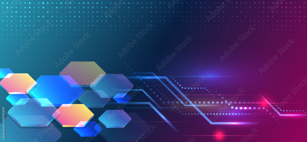 Poster Futuristic abstract background with glowing hexagons, neon lines, and dotted patterns on a gradient blue-purple backdrop. Ideal for tech, innovation, and digital themes