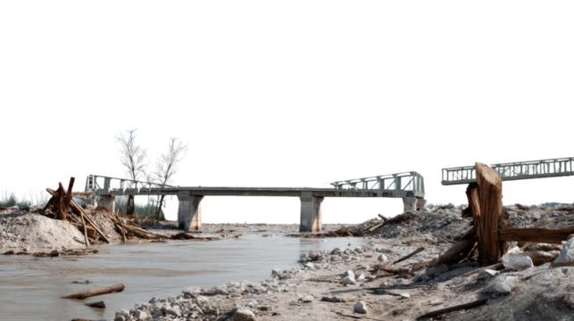 Aftermath of Destruction: A hauntingly desolate scene depicts a broken bridge amidst the aftermath of a disaster, embodying the ruins of destruction and the challenges of rebuilding.
