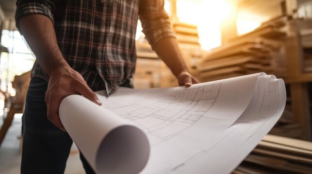 Hispanic contractor reviewing blueprints on a construction site. Featuring construction planning and project management