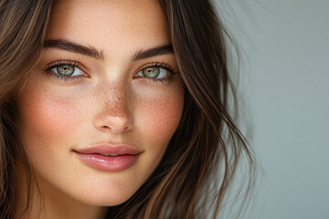 Naklejka premium Close-up portrait of a young woman with freckles and green eyes. Her brown hair falls loosely around her face, enhancing her natural beauty.