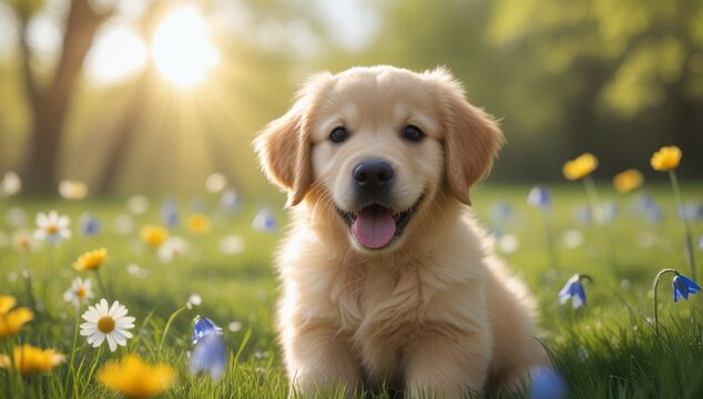 Adorable golden retriver puppy sitting in a spring meadow with wildflowers.