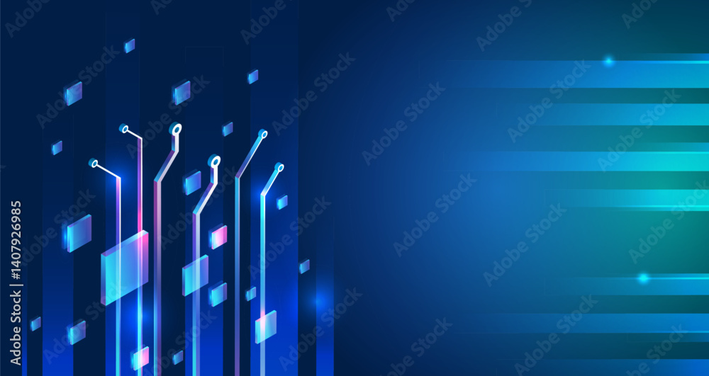 Poster Futuristic technology background with glowing circuit elements and 3D blocks on a blue gradient. Abstract digital concept design perfect for tech, innovation, and electronic themes. High tech concept.