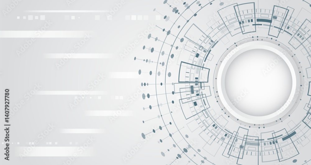 Poster Abstract technological background with elements of circle, lines and digital figures. Concept of high technologies, digital systems, innovations and future. Design is made in light gray tones