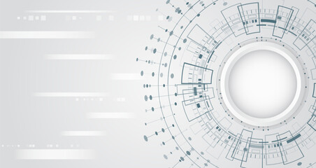 Abstract technological background with elements of circle, lines and digital figures. Concept of high technologies, digital systems, innovations and future. Design is made in light gray tones