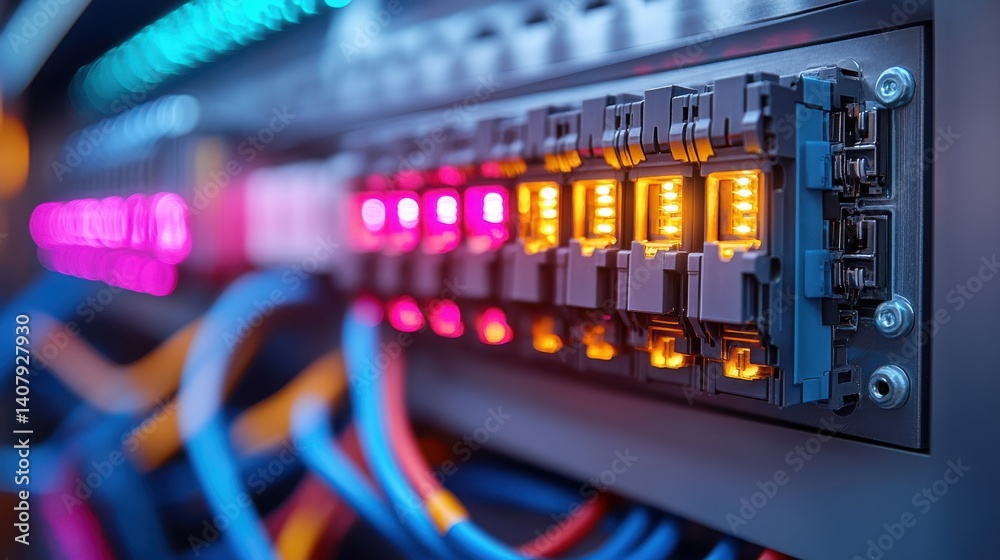 Poster electrical breaker box,colorful circuit breakers,wires showcasing close up view of components image 