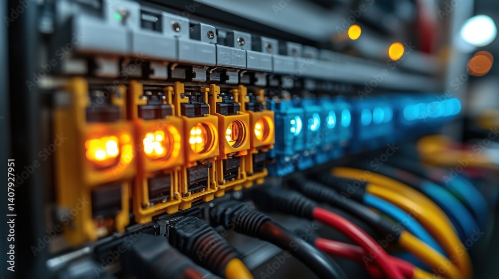 Poster electrical breaker box,colorful circuit breakers,wires showcasing close up view of components image 