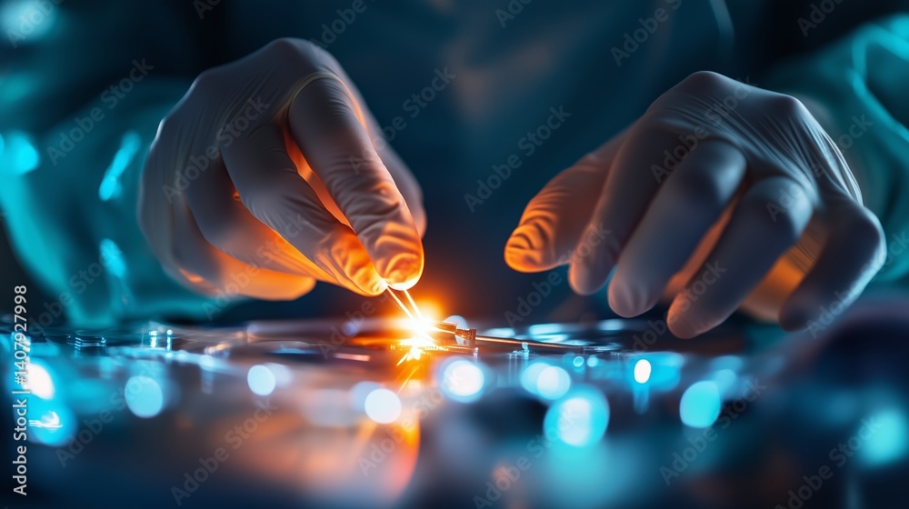 Poster hands conducting precision work in a laboratory setting, focusing on intricate experiments involving