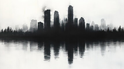 Obraz premium Smog-shrouded city skyline reflected in lake