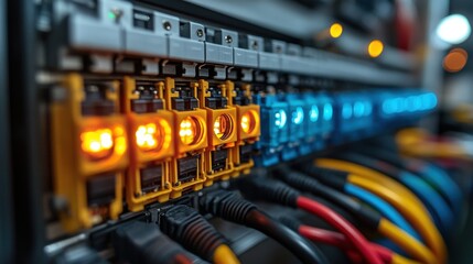 electrical breaker box,colorful circuit breakers,wires showcasing close up view of components image conveys sense of modern electrical systems,safety,stock photo