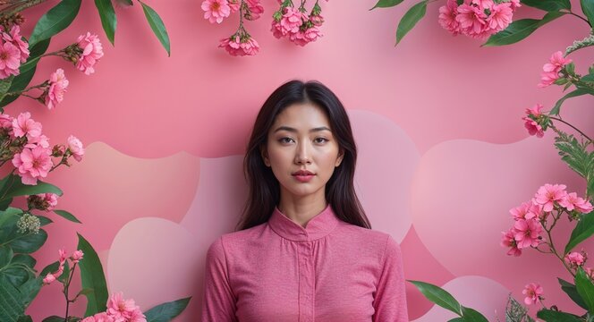 Caucasian woman on pink theme eco harmony blend background design template banner with copy space