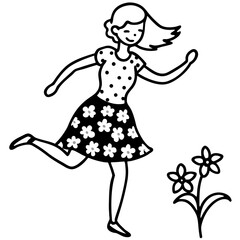 A silhouette of a girl in a floral dress dancing in a meadow, white background 