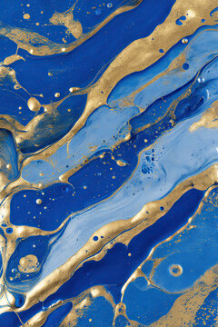 Liquid marble texture in sapphire blue and gold, metallic gloss, abstract expressionism
