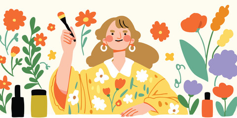 A cheerful illustration of a woman with makeup brush and flowers, capturing creativity and joy, a whimsical and feminine scene of artistic expression.