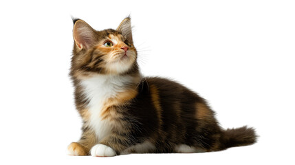 Obraz premium Maine Coon Kitten: A curious Maine Coon kitten sits, its eyes gazing upwards with a hint of wonder, showcasing its fluffy coat and gentle features.