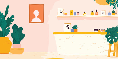 A cozy, illustration-style salon or spa interior, adorned with a minimalist aesthetic, fresh botanical elements, and a welcoming reception area.