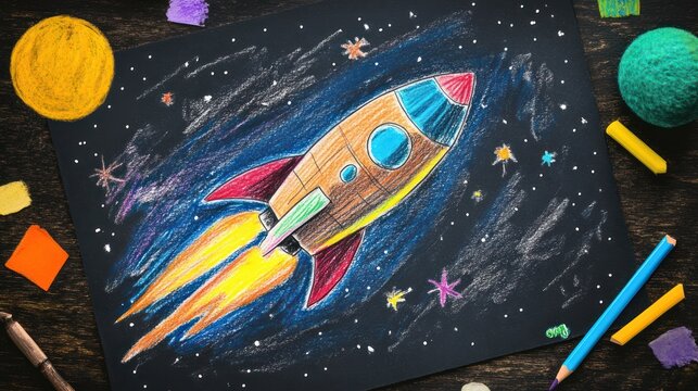 Child's colorful drawing of a rocket ship in space.