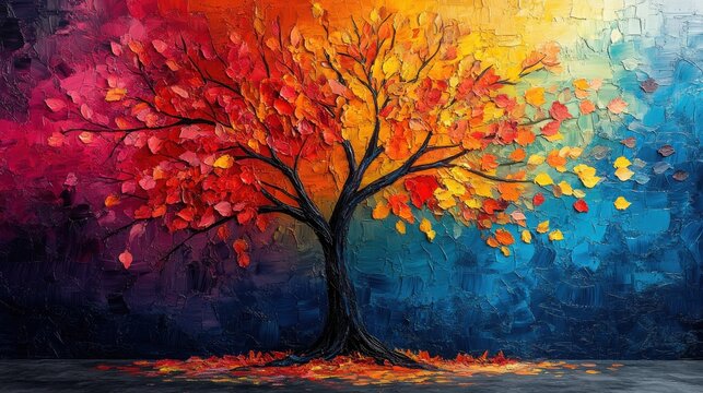 elegant colorful tree,vibrant leaves hanging branches illustration background bright color 3d abstraction wallpaper for interior mural painting wall art decor ai,stock photo