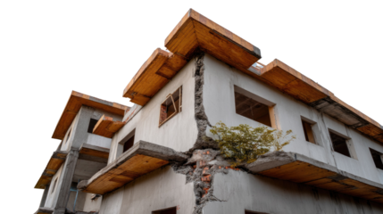 Building Structural Damage: A severe structural damage building corner, showing a large crack and displacement due to the effects of earth movement.