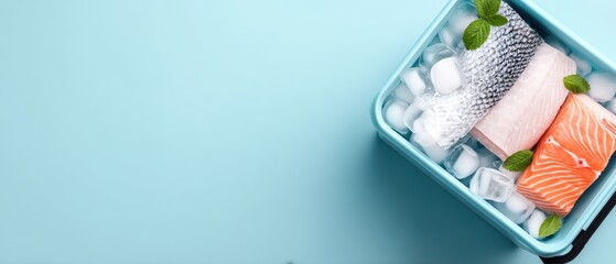 Fresh seafood packed in insulated EPS box with gel packs, moisture barrier liner, and freshness tracking label for retail distribution., copy space for text - marketplace