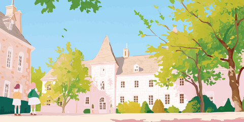 A whimsical illustration of an elegant building, embraced by the warmth of a sunny day. Featuring two tiny figures, it's an invitation to wander through a tranquil atmosphere. 