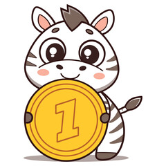 Smiling Zebra Cartoon Holding Number One Coin on Transparent Background