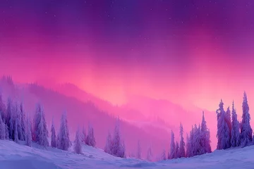 Selbstklebende Fototapeten Winter landscape featuring snow-covered trees under a vibrant pink and purple sky at dusk © c80