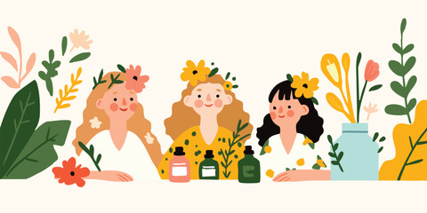 Fototapeta premium Three smiling women, surrounded by floral elements, present natural cosmetic products, embodying beauty, health, and a connection to nature. A light and joyful scene.