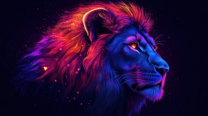 Neon Lion Profile, vibrant mane, dark background, digital art, wallpaper