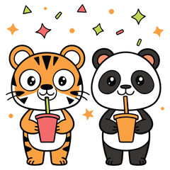 Cute Cartoon Tiger & Panda Drinking with Straws and Confetti on White Background