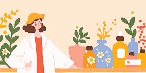 A young scientist in a lab coat stands next to a row of colorful bottles and plants, hinting at an illustration of natural skincare or herbal remedies.