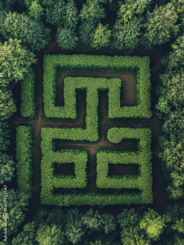 Aufkleber Maze paths create intricate designs within a lush forest canopy for nature navigation and exploration