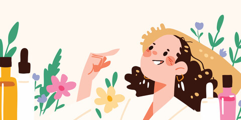 Obraz premium A cheerful woman surrounded by various skincare products and flowers, suggesting a natural and healthy beauty concept.