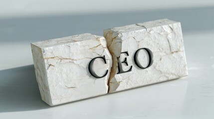 A cracked stone block with the letters "C" and "EO" displayed, symbolizing the challenges and divisions faced by CEOs in business.