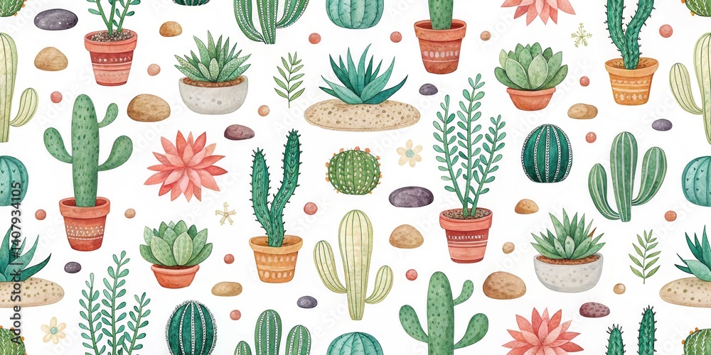 Poster a vibrant pattern featuring various succulents and cacti in decorative pots, surrounded by stones an