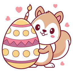 Cartoon Squirrel Hugging Easter Egg with Brush Strokes and Hearts on White