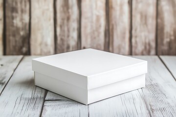 Empty white gift box for mock up on bright wooden bg