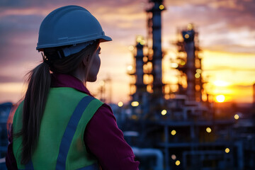 Female Engineer Overseeing Factory at Sunset Wearing Safety Helmet and Reflective Vest